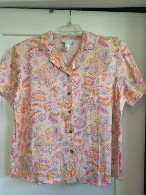Susan Graver XL Button Front Collared Top Paisley Motif Short Sleeve Shirt NWT